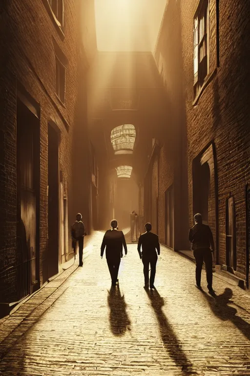 Prompt: three amigos walk in a victorian london alley, tall classic buildings, market, golden hour, sunray passing through the building, photorealistic matte painting, artstation, dramatic, moody