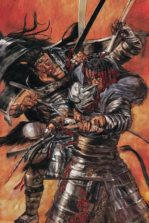 Image similar to samurai duel by mark zug, simon bisley and Daryl Mandryk