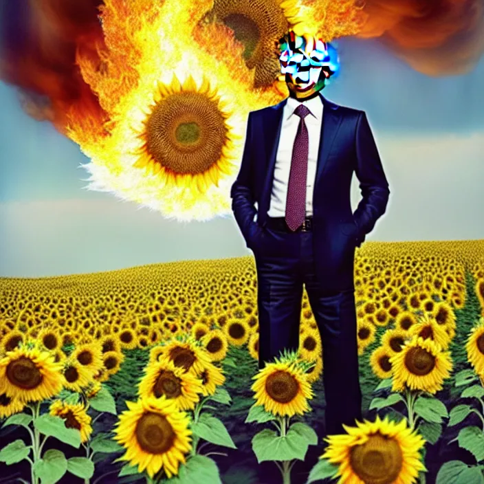 Image similar to photo portrait of Vladimir Putin in sunflower field, dressed in shirt with ornamental ethereal sunflower pattern, natural skin tone, explosion and fire in the background, elegant, Realistic, Refined, Highly Detailed, natural soft pastel lighting colors scheme, fine art photography by Cecil Beaton, volumetric lighting, hyper realistic photography