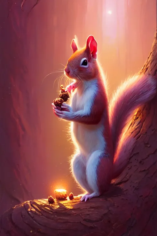 Image similar to highly detailed portrait of pink squirrel eating a hazelnut, stephen bliss, unreal engine, fantasy art by greg rutkowski, rhads, ferdinand knab, makoto shinkai and lois van baarle, ilya kuvshinov, rossdraws, tom bagshaw, global illumination, radiant light, red blue theme, pine forest