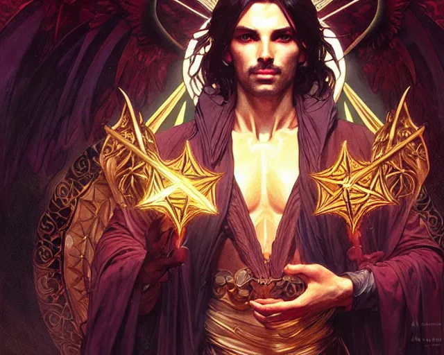 Image similar to attractive male deity, casting dark magic, summoning handsome lucifer morningstar, highly detailed painting by artgerm and greg rutkowski and alphonse mucha