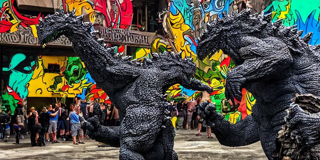 Prompt: Cthulu arm wrestling Godzilla, vivid colors, daylight, photo real, 1992, Eastman EXR 50D 5245/7245, close-up action first-person perspective