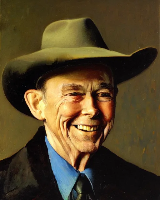 Prompt: portrait, Hank Williams Sr wearing hat, smiling, impasto, Jean-Leon Gerome, chuck close:7, carl spitzweg:7, cinematic light, full face, symmetrical face