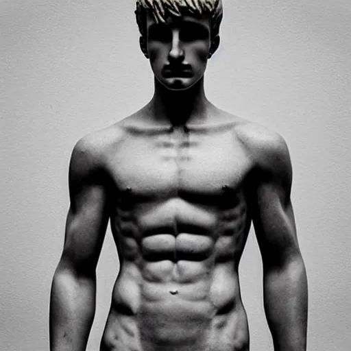 Image similar to “a realistic detailed photo of a guy who is an attractive humanoid who is half robot and half humanoid, who is a male android, Jack Laugher, shiny skin, posing like a statue, blank stare”