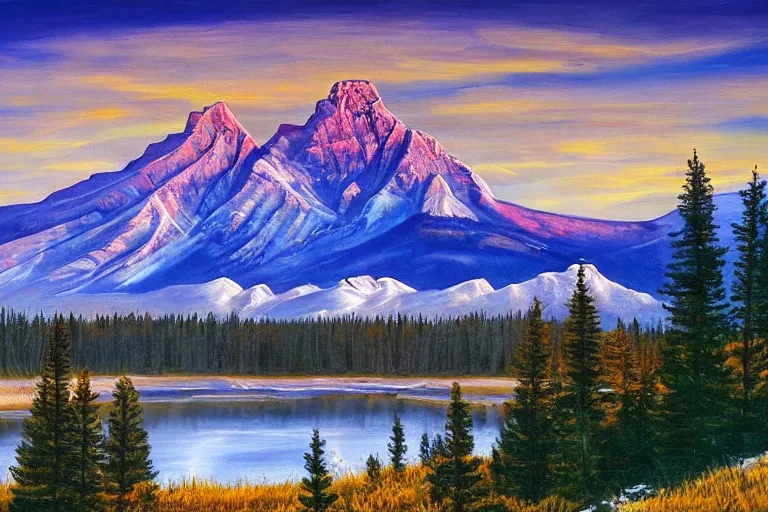 Prompt: an epic landscape painting of rundle mountain in alberta, with snow on its peak, at sunrise in springtime, with bow river in the foreground, painted by x, atmospheric, volumetric lighting, rolling fog, breathtaking, highly detailed
