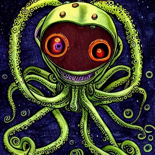 Image similar to cute portrait of alien full body with tentacles on his feet many eyes on his face with his ship destroyed