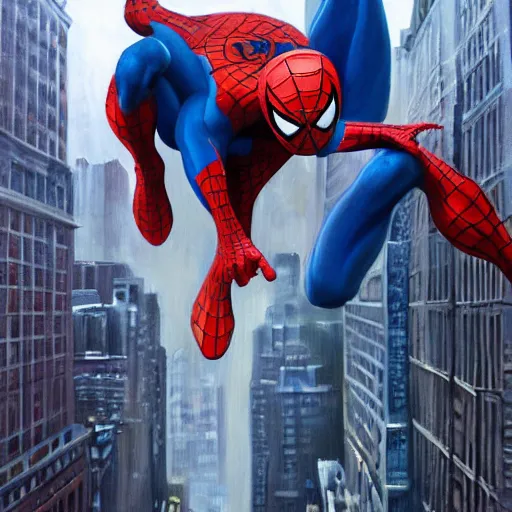 Image similar to oil painting of spiderman swinging through new york city buildings. far away, from behind, epic, sense of motion, motion blur, artstation, artgerm