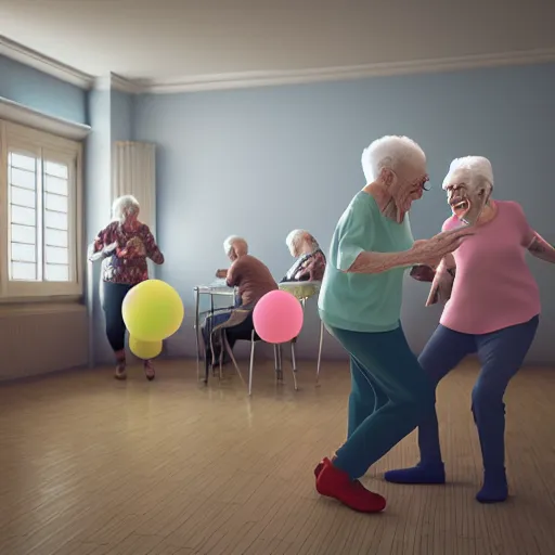 Image similar to photography of old people raving in retirement home by Alexis Dibiasio Rendered in VRAY.