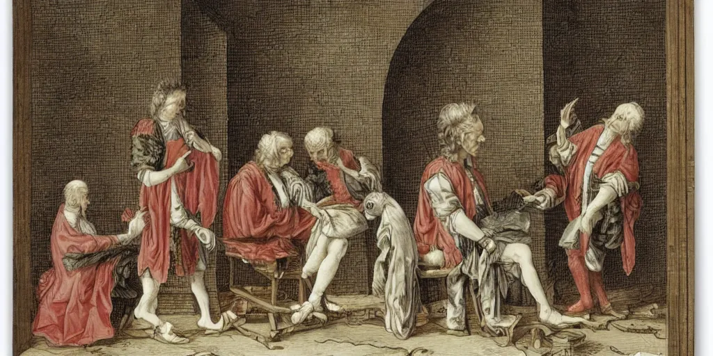 Image similar to judge in judge's wig is making a haircut to another judge with a wig, by maria sibylla merian