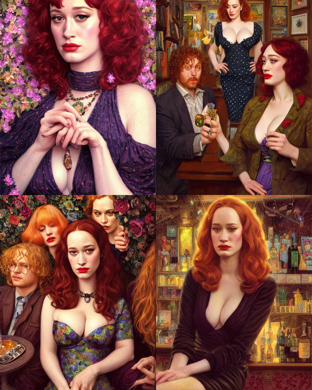 Prompt: sophisticated portrait of Christina Hendricks Brie Larson Kat Dennings, 1960s flower power hippy, very smoky Paris bar, elegance, highly detailed, shallow depth of field, Artstation, Artgerm, Donato Giancola and Joseph Christian Leyendecker