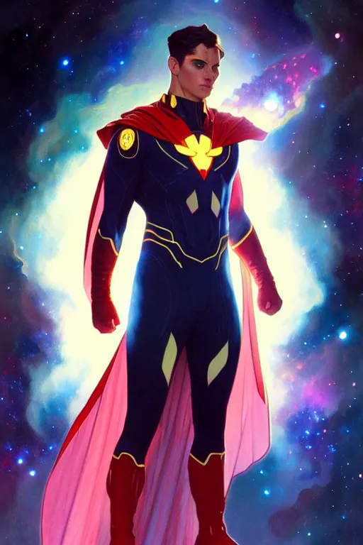 Prompt: a nebula powered male dressed as a superhero. space background, dynamic lighting, clean elegant painting, beautiful detailed face. by artgerm and greg rutkowski and alphonse mucha, 4 k