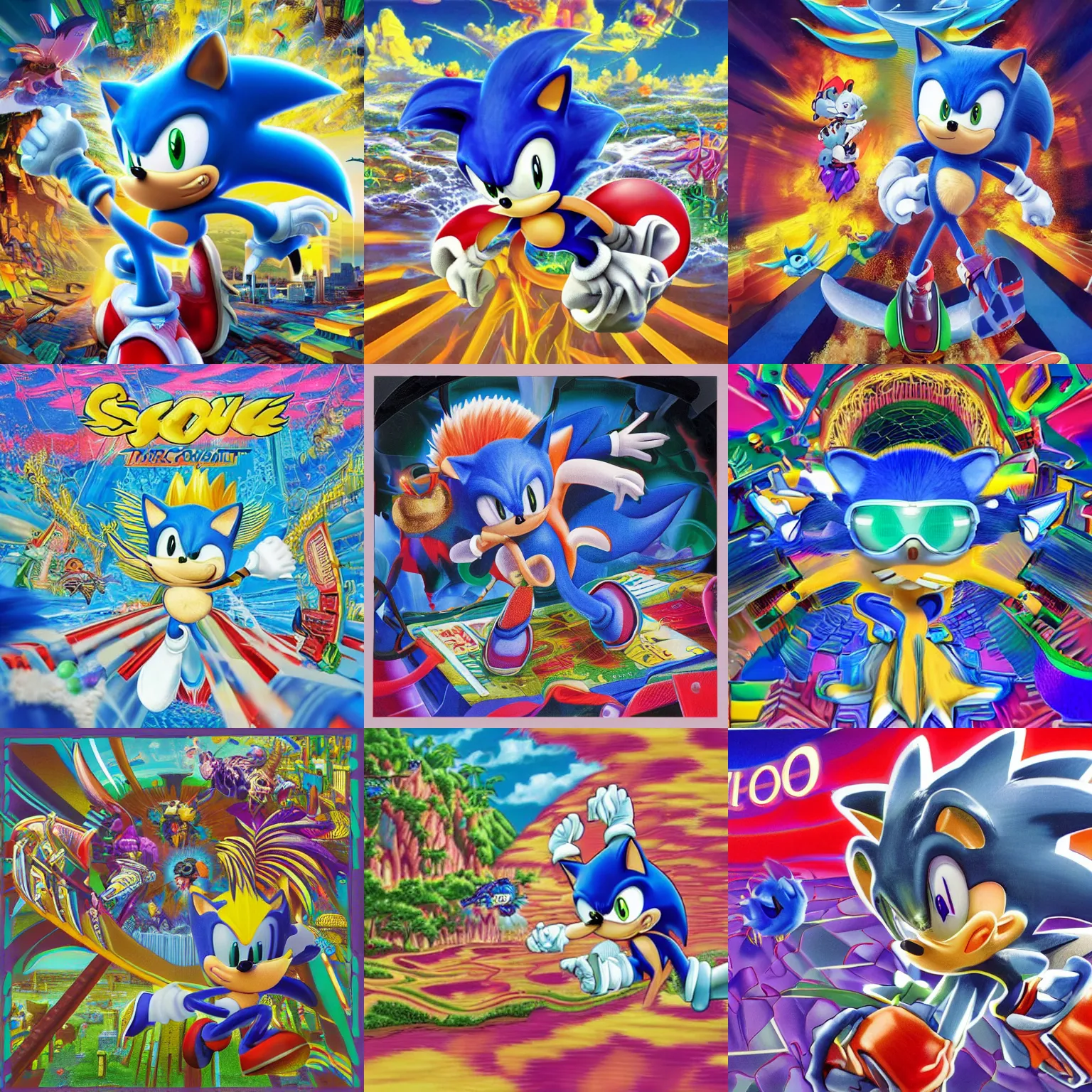 Prompt: sonic the hedgehog in a surreal, soft, detailed professional, high quality airbrush art mgmt shpongle album cover of a chrome dissolving LSD DMT blue sonic the hedgehog surfing through vaporwave cyberspace, checkerboard horizon , 1980s 1982 Sega Genesis video game album cover