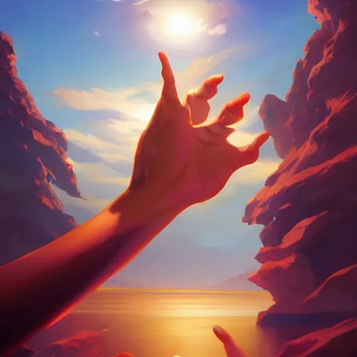 Image similar to a hand reaching out to another hand, behance hd by jesper ejsing, by rhads, makoto shinkai and lois van baarle, ilya kuvshinov, rossdraws global illumination ray tracing hdr radiating a glowing aura