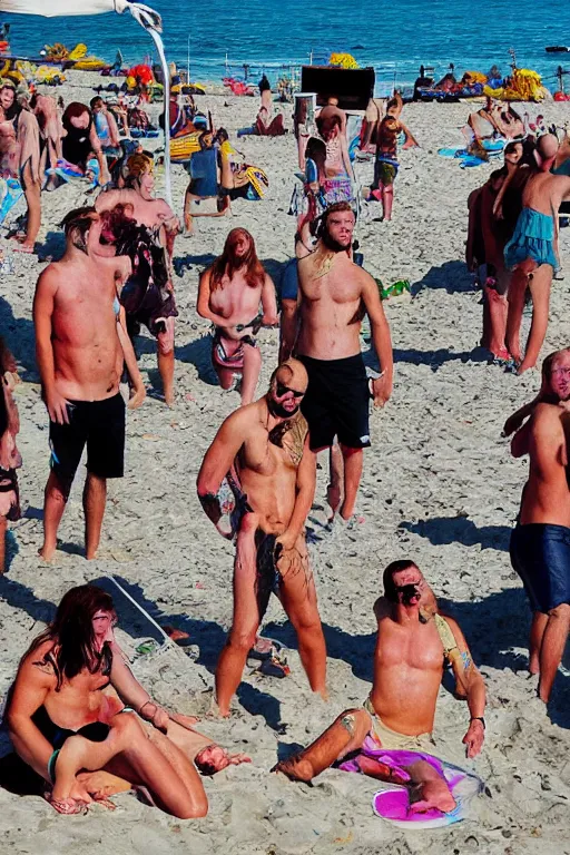 Prompt: death metal beach party, colour photograph, sunny day, highly detailed