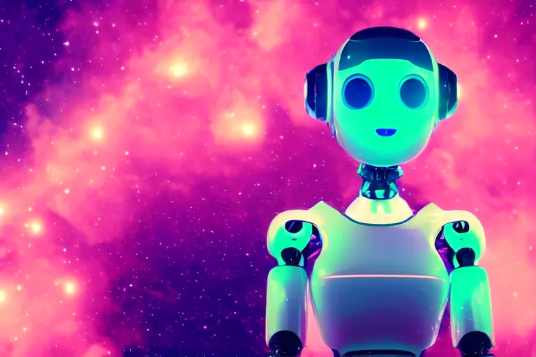 Image similar to a beautiful calm robot girl looking up to the stars, photograph, colorful background, render, 3 d, render, glows, neon, 8 k, 4 d,