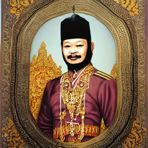 Image similar to sri sultan hamengkubuwono ix with blangkon and batik portrait, detailed, arstation 8 k, art by raden saleh, banksy, basuki abdullah