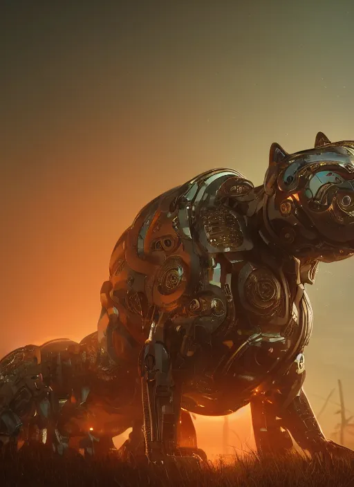 Prompt: giant cyborg cat on a dusky land, cinematic shot, intricate, ornate, photorealistic, ultra detailed, realistic, 1 0 0 mm, photography, octane, high definition, depth of field, bokeh, 8 k, artstation