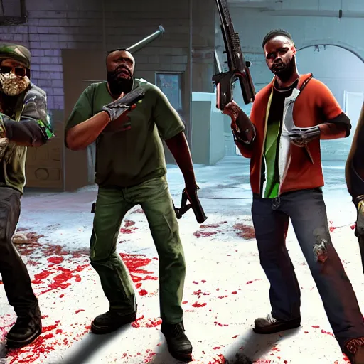 Image similar to photo of left 4 dead team holding weapons and ready for a fight, unreal engine high resolution detailed 8 k