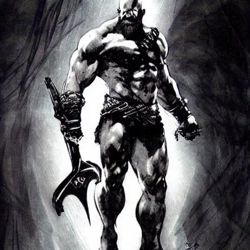 Image similar to “ kratos with leviathan axe, by yoji shinkawa. metal gear solid official concept art. yoji shinkawa. ”