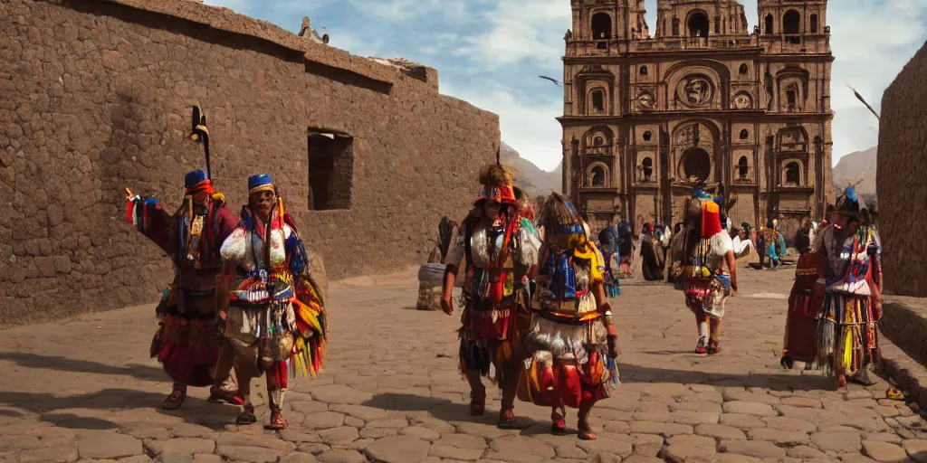 Prompt: peru in the 1 8 0 0 s filled with ancient cuzco inca architecture, inca womans walking the streets, indians in traditional wear haggling with the street vendors, surreal, beautiful, hyper realistic, trending on artstation, 8 k, hd