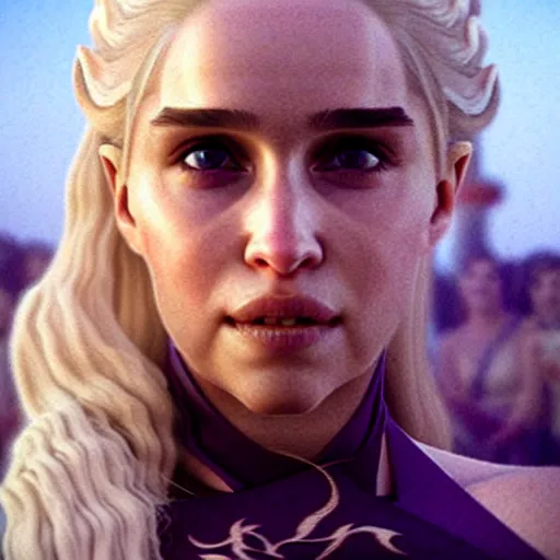 Image similar to a selfie of daenerys targaryen played by a young natalie portman, smooth skin, purple eye color, ethereal beauty, medium shot, detailed eyes, vivid, golden hour