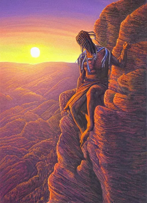 Prompt: an shaman sitting at the top of a cliff, looking down at the valley, doing a vision quest, beautiful sunset, art by alex gray