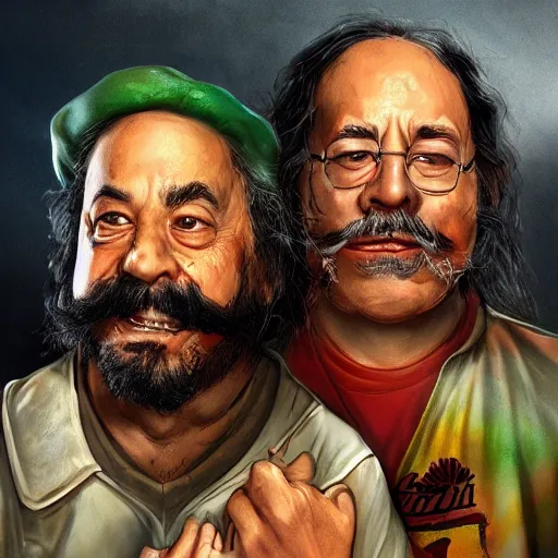 Prompt: portrait of cheech and chong, concept art, artstation, highly detailed, up in smoke, cinematic smoke background,