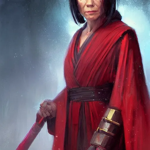 Image similar to portrait of a woman by greg rutkowski, jedi queen, half asian, black bob hair, star wars expanded universe, she is about 5 0 years old, wearing jedi red robes.