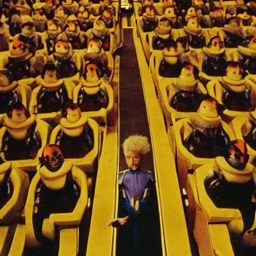 Image similar to Jodorowsky's Dune movie, cinema still, emperor's throne room with guards, faces in focus, colorful uniforms, wide angle, cinestill 400t film