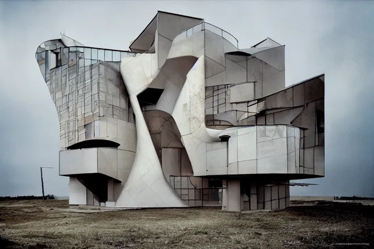 Image similar to modern architectural nightmare photographed by annie leibovitz