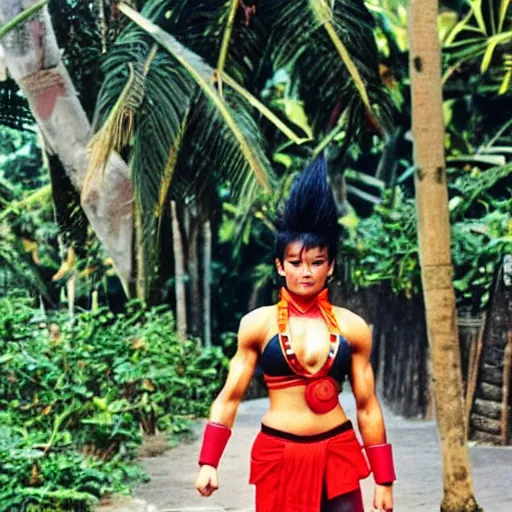 Image similar to Saiyan warrior girl, muscular girl, wild spiky black electrified hair, wearing kung fu uniform, walking through Bali, 1977, tropical palm trees, colorized