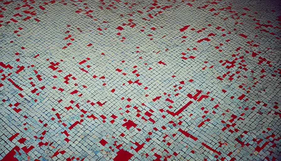 Image similar to 60s movie still of a sovietic stalinist style empty room little mosaic tiles floor a blood trace on a the floor, cinestill 800t 50mm eastmancolor, liminal Space style, heavy grain-s 150