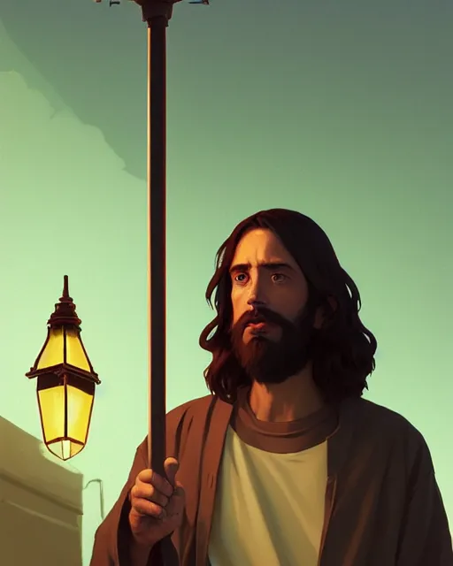 Image similar to highly detailed vfx portrait of jesus smoking a cigarette under a street light, unreal engine, greg rutkowski, loish, rhads, beeple, makoto shinkai and lois van baarle, ilya kuvshinov, rossdraws, tom bagshaw, alphonse mucha, global illumination, detailed and intricate environment