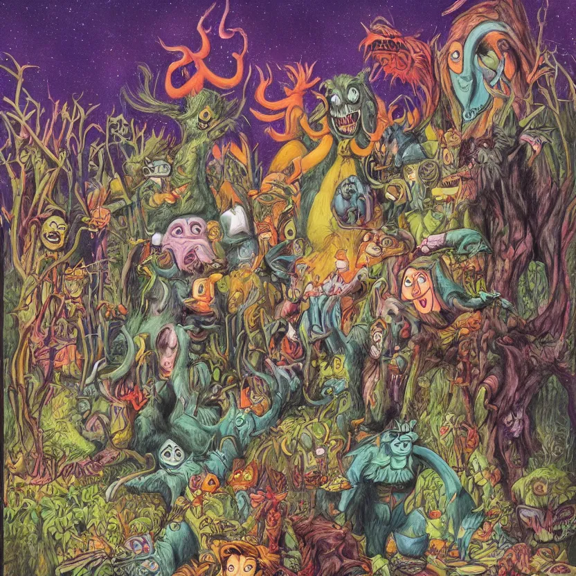 Prompt: a scene of 3 colorful cartoon monsters in the clearing of a dark fantasy forest surrounded by darkness. hyperrealist illustration. muted colors. 1 9 7 0's pulp science fiction and fantasy cartoon for alice in wonderland and wizard of oz. highly detailed and richly colored painting by don ivan punchatz