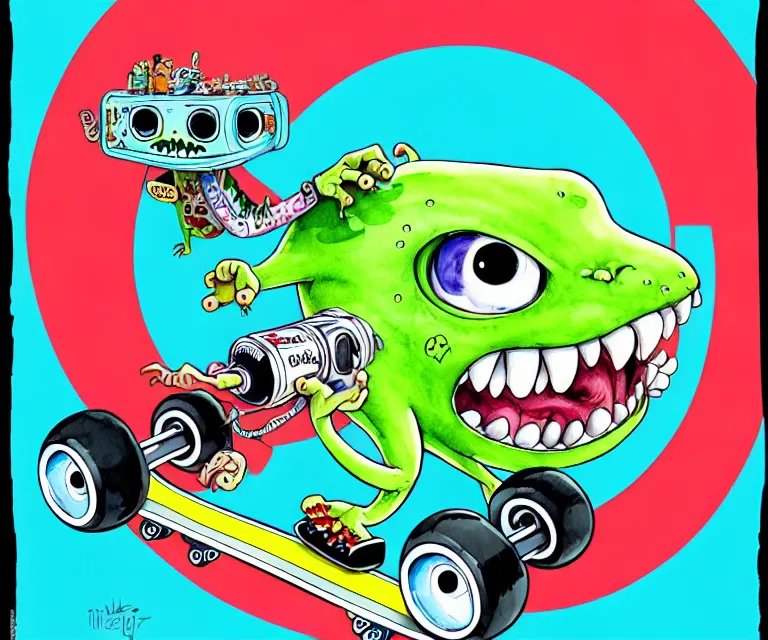 Image similar to cute and funny, monster on a skateboard, ratfink style by ed roth, centered award winning watercolor pen illustration, isometric illustration by chihiro iwasaki, edited by range murata, tiny details by artgerm and watercolor girl, symmetrically isometrically centered