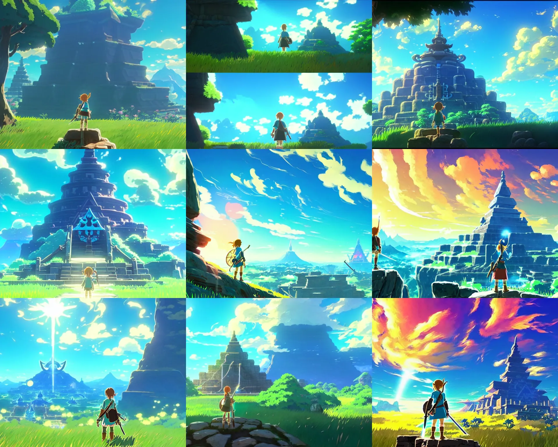 Prompt: The Secret Temple, bright sky, natural lighting, by Makoto Shinkai, Myazaki, Ghibli, Breath of the Wild