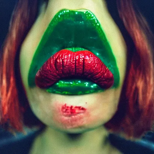 Prompt: medium shot open human mouth with thick viscous green slime oozing out, thick red lips, human staring blankly ahead, melancholy, unsettling, art house film aesthetic, a 2 4, color grain 3 5 mm, hyperrealism