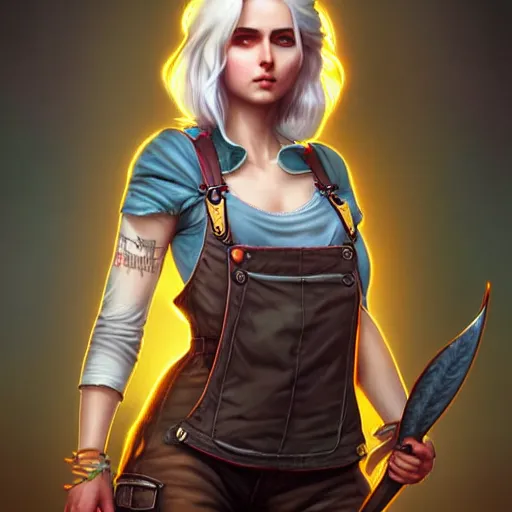 Image similar to full body pose, ciri, torn overalls, short shorts, combat boots, beautiful, highly detailed face, true anatomy!, extremely detailed!, digital painting, unreal engine 5, art by tom bagshaw