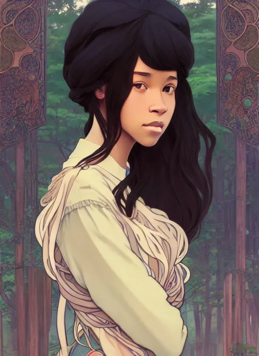 Image similar to pretty young black woman with shoulder length hair, path traced, highly detailed, high quality, digital painting, by studio ghibli and alphonse mucha, leesha hannigan, makoto shinkai, disney