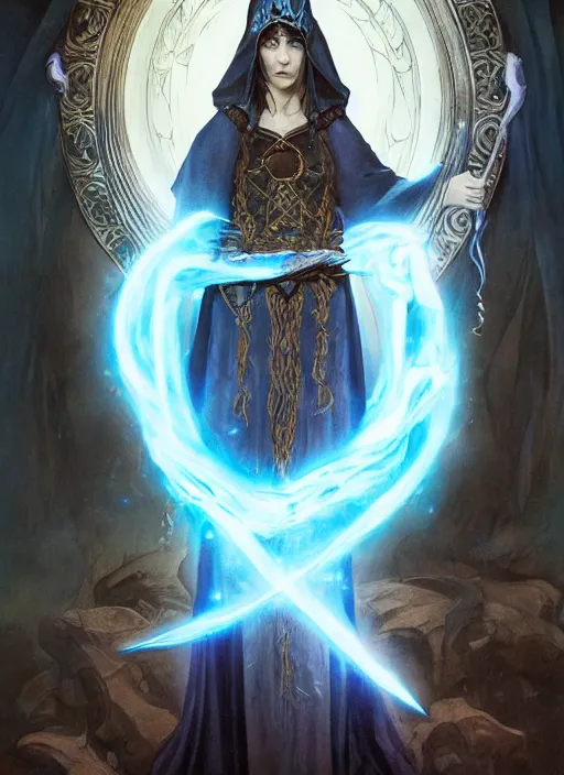 Prompt: medium - length portrait of a wizard, arcane sigils hovering over her hands, with long white hair and glowing blue eyes, dark brown skin, stern expression, wears a long robe, medieval setting, dramatic pose, highly detailed, digital painting, artstation, concept art, sharp focus, illustration, art by greg rutkowski and alphonse mucha