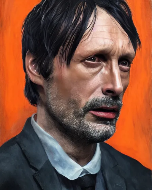 Image similar to mads mikkelson as clifford unger from death stranding, tears of tar, mysterious portrait, oil painting, orange fill light