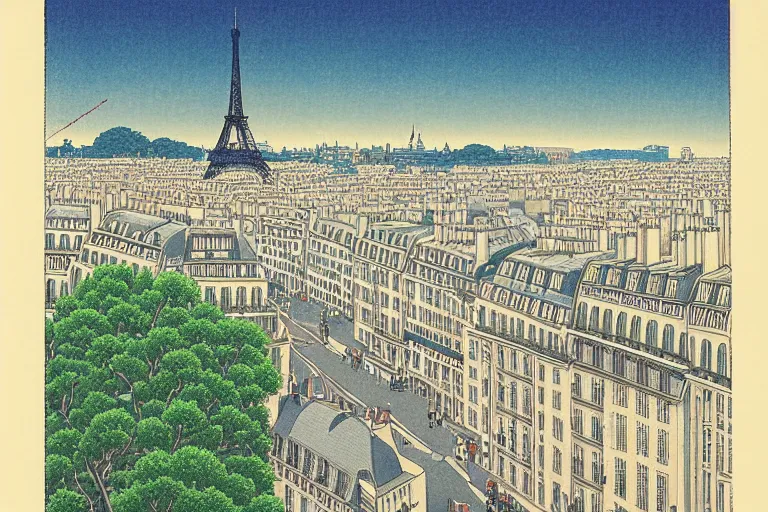 Image similar to paris scenery by hasui kawase, bottom view