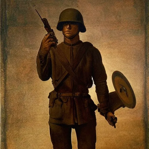 Image similar to Painting of modern American soldier, by Leonardo da Vinci