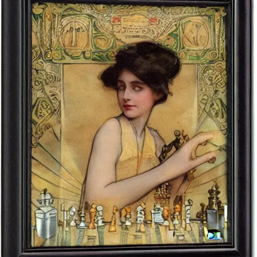 Image similar to a young edwardian woman playing chess, in the style of mucha