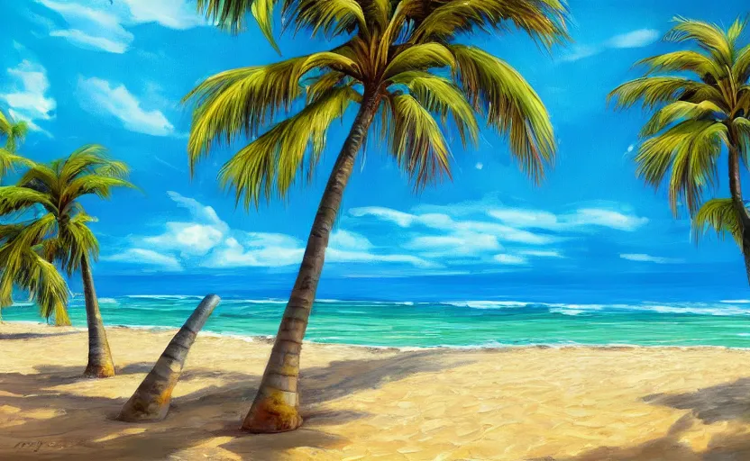 Prompt: A beautiful award winning painting of a tropical beach with palm trees and a wavy blue ocean trending on artstation vibrant color scheme lots detail