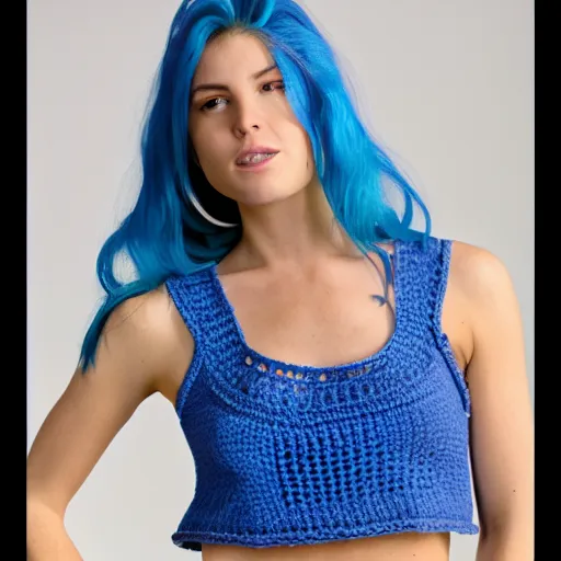 Prompt: A photo of a caucasian female model with blue hair wearing a crocheted croptop.