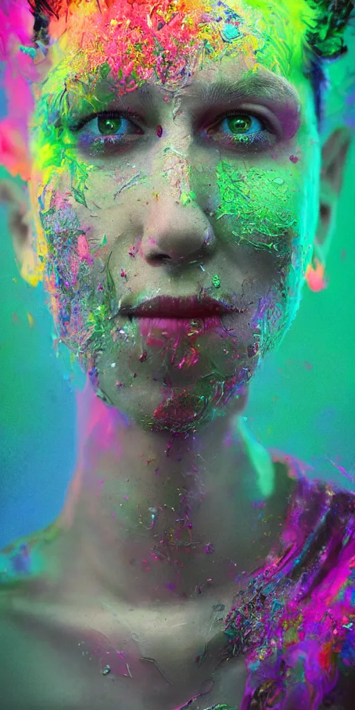 Prompt: impossibly beautiful portrait, single face, dapper dream demon, bad trip, insane smile, intricate complexity, surreal horror, inverted neon rainbow drip paint, trending on art station, photoreal, 8 k, octane render by greg rutkowski