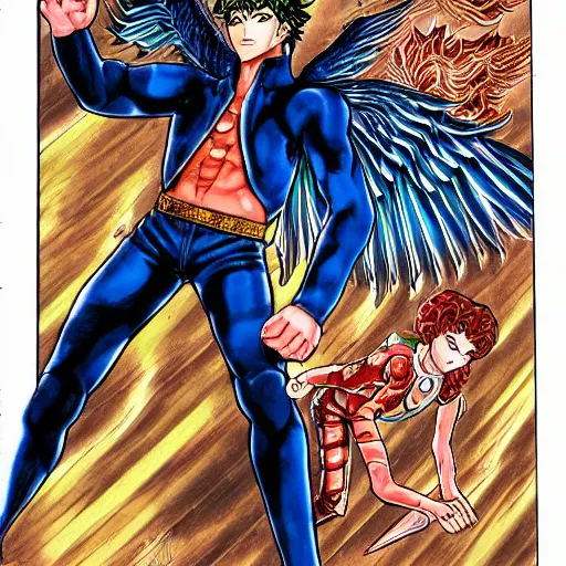 Prompt: The Archangel of Flames, manga illustration by Hirohiko Araki, Jojo, Shonen Jump, detailed