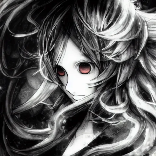 Image similar to Yoshitaka Amano blurred and dreamy illustration of an anime girl with black eyes, wavy white hair fluttering in the wind and cracks on her face wearing organic elden ring armor, abstract black and white patterns on the background, noisy film grain effect, highly detailed, Renaissance oil painting, weird camera angle