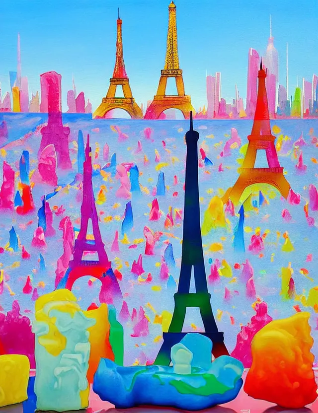 Prompt: a funny painting of ice sculptures made of colorful melting icecream in the shape of the skyline of paris and 1 eiffel tower on a very bright sunny summer day, very hot and the ice is melting fast and people are swimming their way through the icecream in the style of james jean and fernando botero